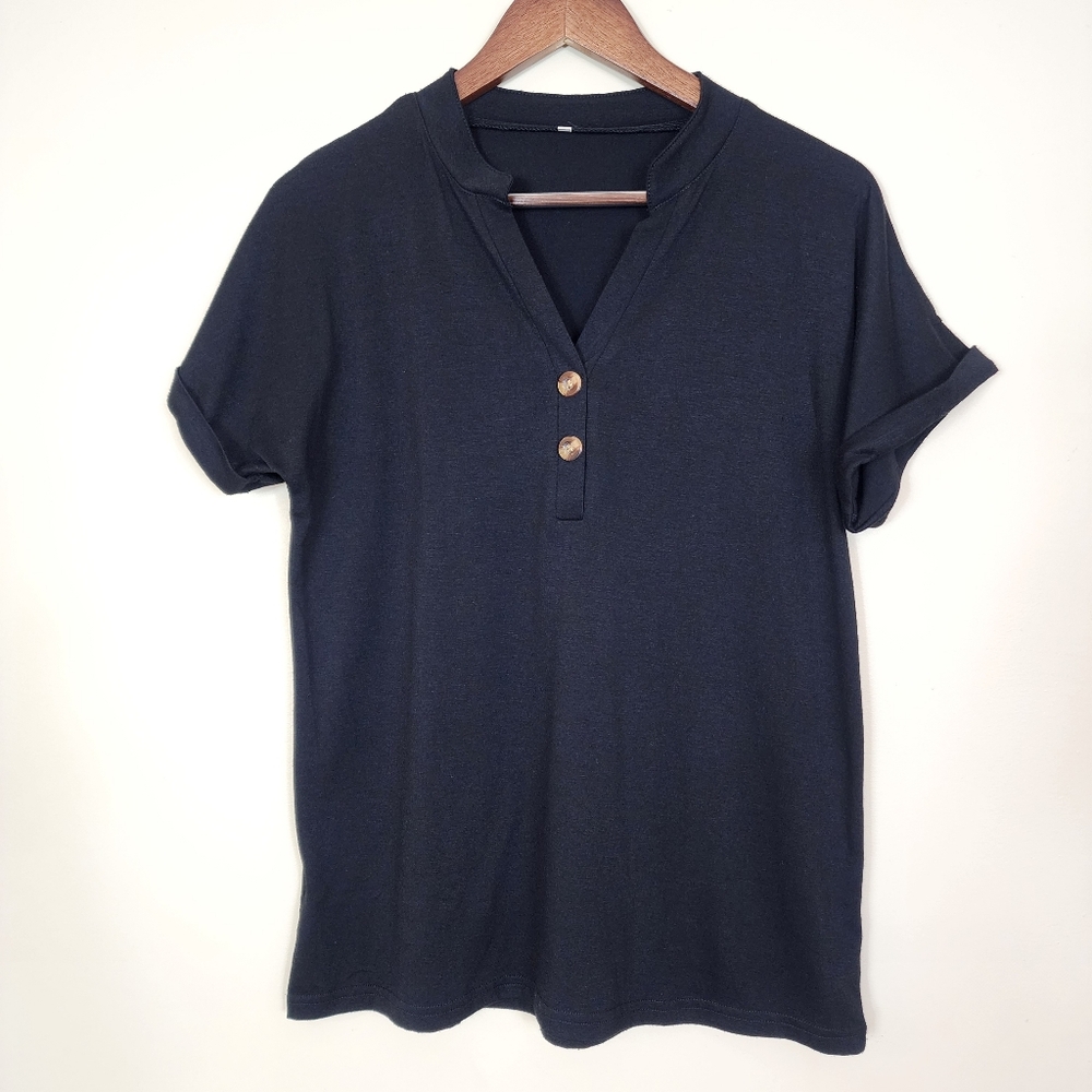 Black Casual Basic Tee T-shirt Small Short Sleeve Henley Shirt Minimalist Soft
